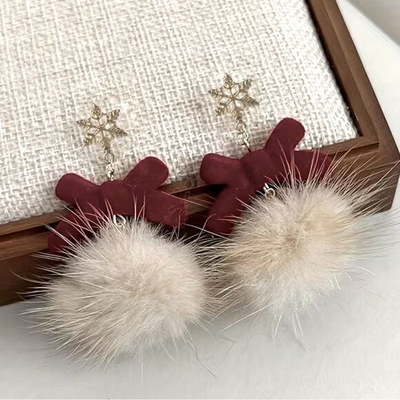 CHRISTMAS HOLIDAY Flocking Ball Bow & Silver Snowflake Dangle Earrings NEW - Picture 2 of 5